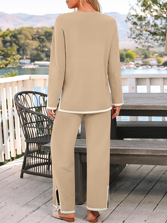 LILLUSORY Women Fall 2 Piece Lounge Set Outfits Sweatsuits Long Sleeve Sweater Tops Wide Leg Pants