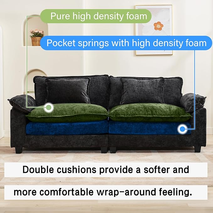 Oprisen 86" Modular Sectional Sofa, Comfy Cloud Couch Sectional Sofa with Ottoman, Chenille Sofa Sleeper Deep Seat Sofa with Throw Pillows for Living Room (Black, 86"- Loveseat)
