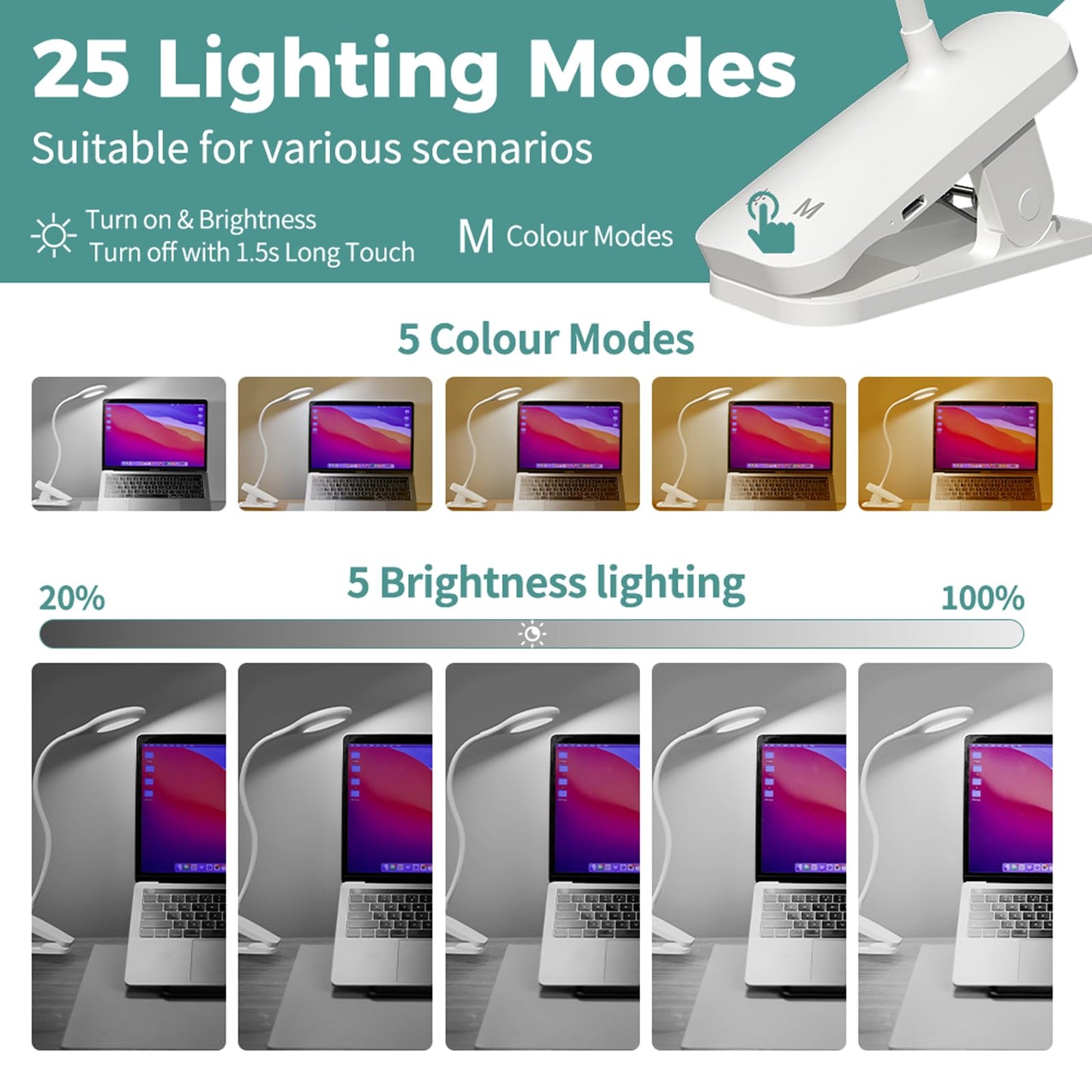 CUHIOY 2Pack Clip on Reading Light, 5 Colors 5 Brightness Bed Light for Headboard, Battery Rechargeable Flexible Arm Table Lamp with Clamp, Eye Protect LED Book Light at Night for Crafting（White）