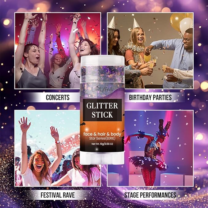 Halloween Body Glitter Stick, Holographic Sparkling Neon Outfit Singer Concert Music Rave Festival Party Accessories Hair and Face Glitter Gel. (Black & Orange & Purple)