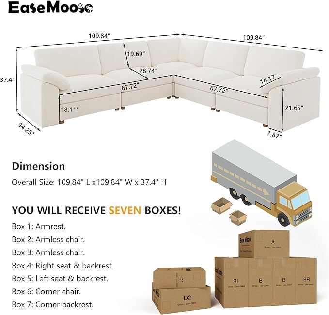 EASE MOOSE Sectional Modular Sofa,Oversized L Shape Sectional Wide Deep seat Sofa,FSC Certified Comfortable Chenille White Cloud Modular Sofa