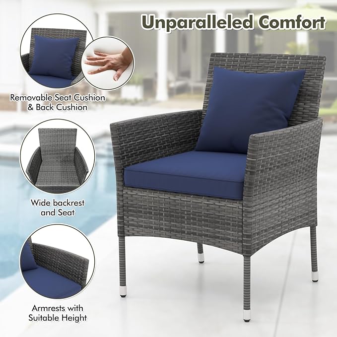 Tangkula 3-Piece Patio Furniture Set, PE Wicker Conversation Bistro Set w/A Tempered Glass Table & 2 Cushioned Chairs, Outdoor Table & Chairs Set for Patio Porch Yard Garden (Mix Gray+Navy)