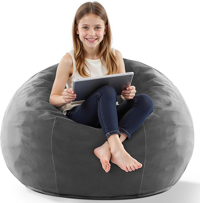 HABUTWAY 2FT Bean Bag Chair, 2' Beanbags Small Bean Bag Chairs with Filling, Teardrop Bean Bag Chair Luxurious Velvet Ultra Soft Fur with Removable Cover (Grey)