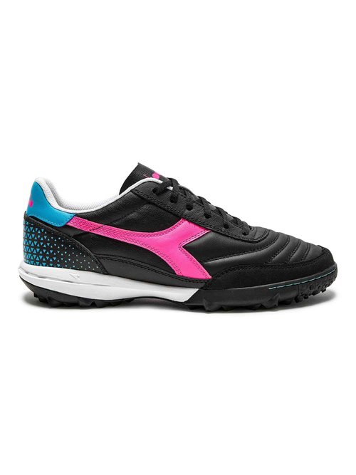 Diadora Calcetto LT Turf Soccer Shoes - Full Grain Leather, Enhanced Cushioning, Anti-Wear Rubber, Synthetic Turf, Optimal Traction and Stability, Black/Pink/Cyan Blue, 8.5 UK