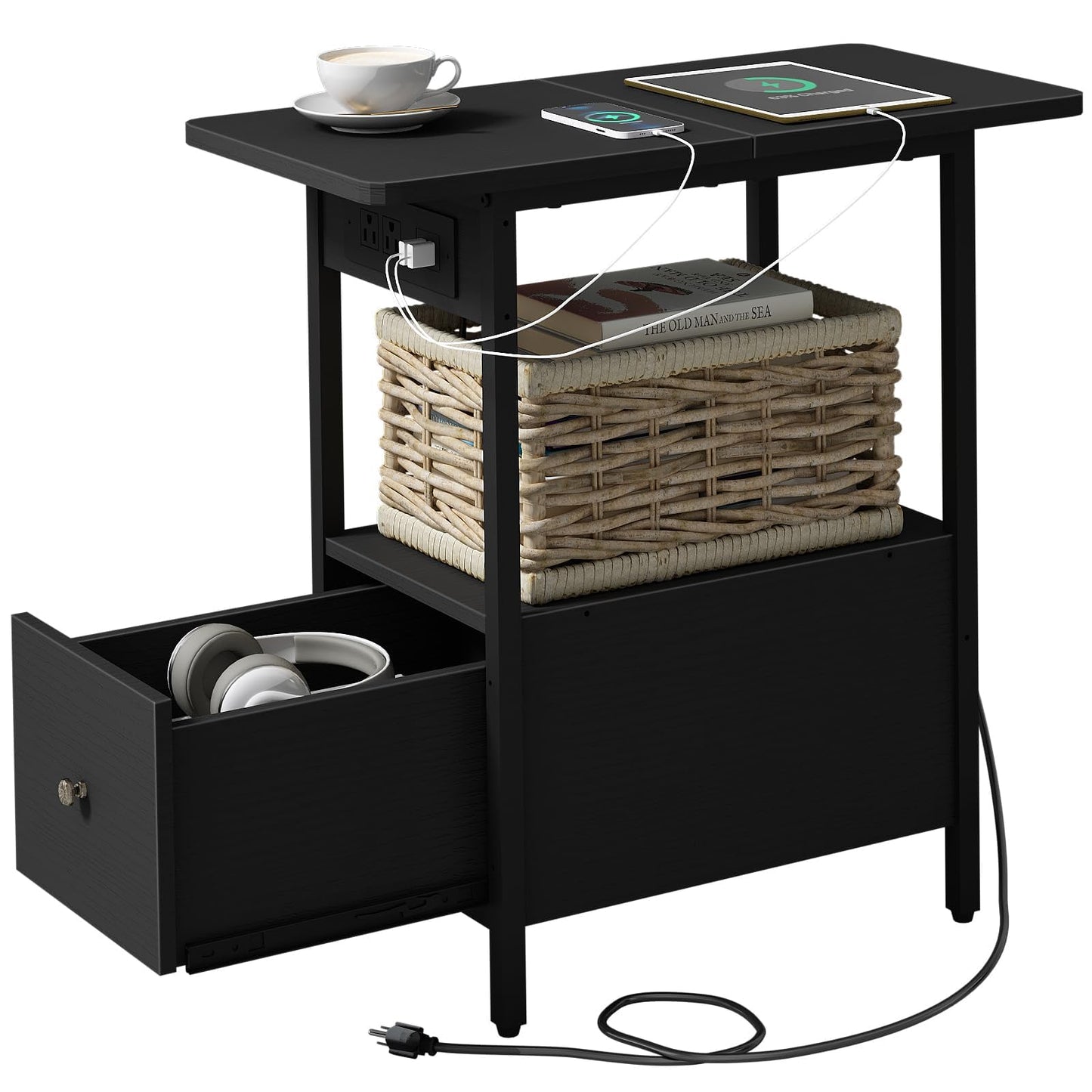 LIDYUK End Table with Charging Station, Narrow Side Table with Drawer and USB Ports & Power Outlets, Nightstand Bedside Tables for Small Spaces, Bedroom, Living Room, Black