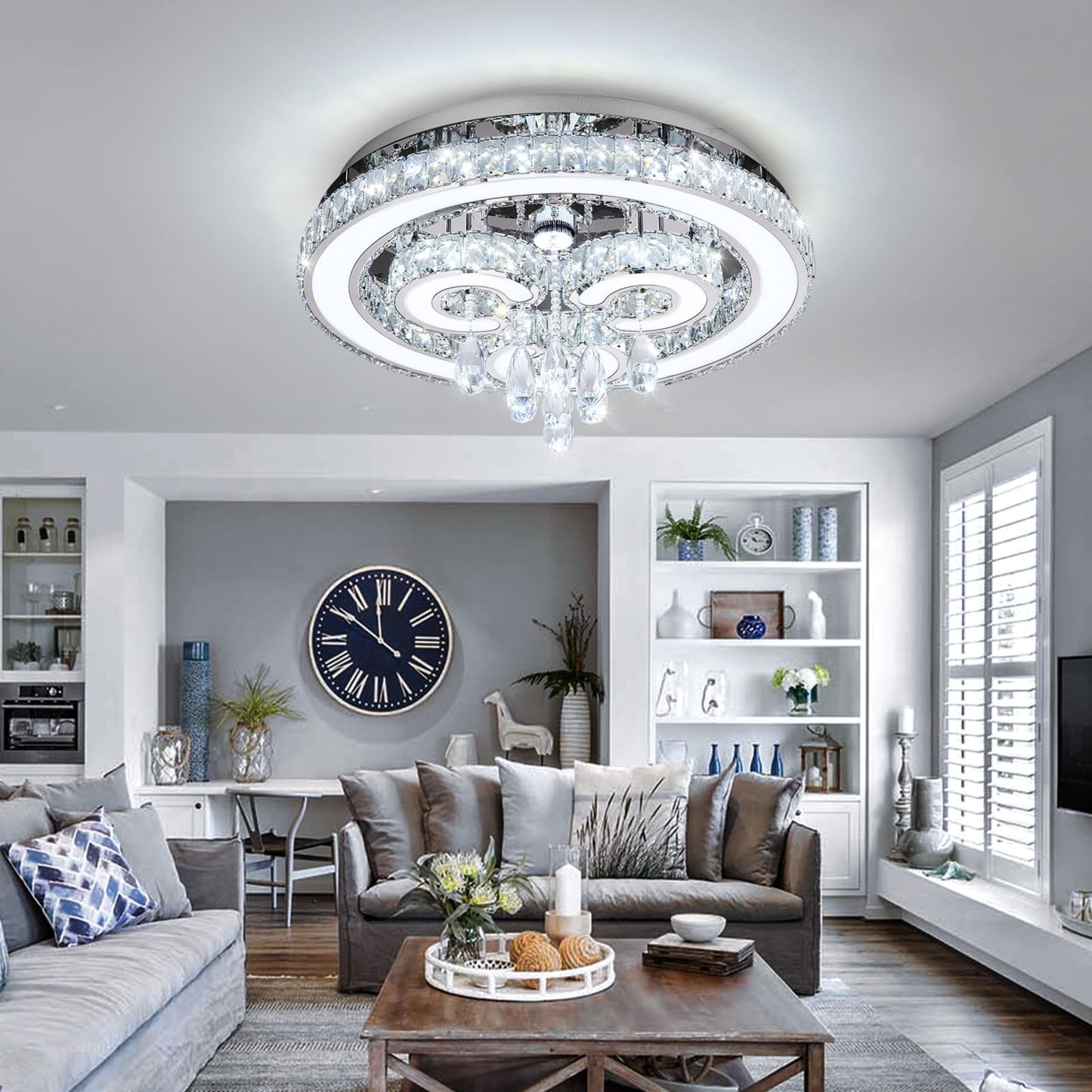 HAIXIANG Modern Glam Chandelier LED Crystal Light Interior Luxury Ceiling Chandeliers Remote Dimmable Lights Fixture 24 Inches Silver Light
