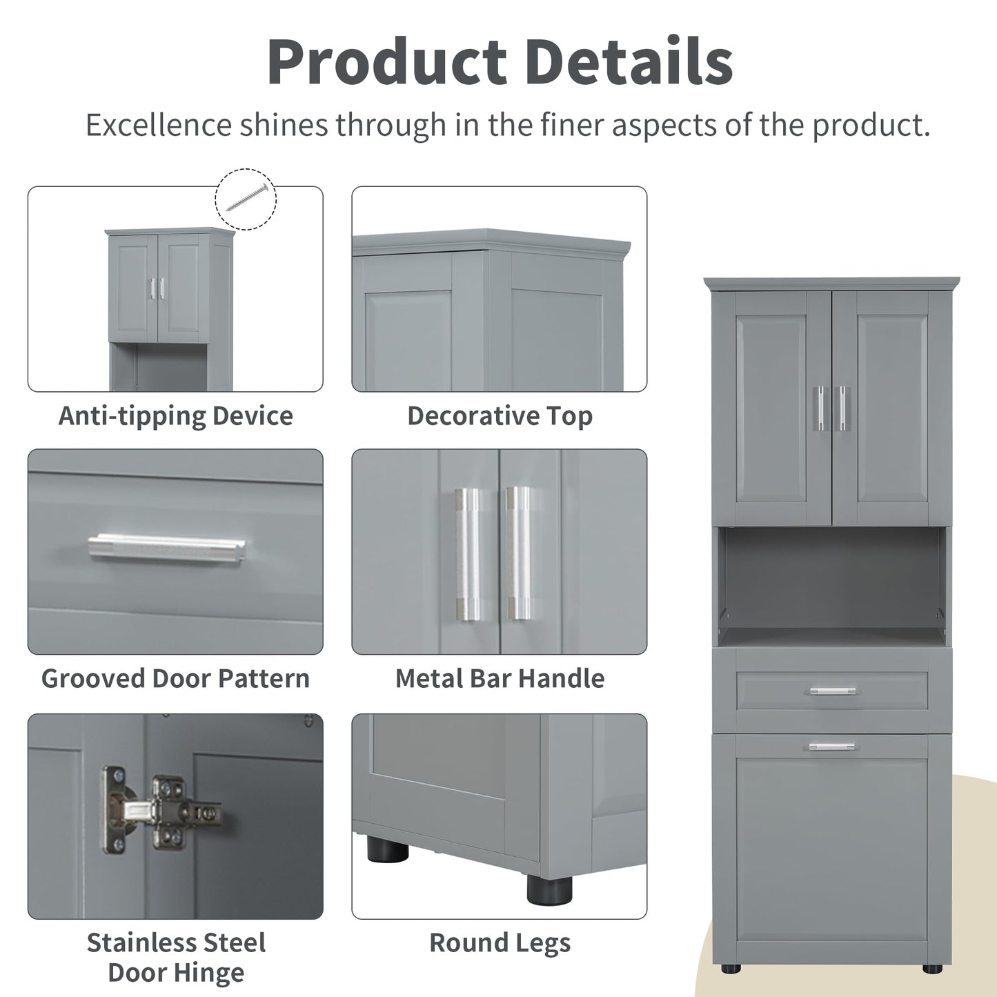 Virubi Tall Laundry Cabinet with Tilt Out Laundry Hamper and Drawer, Modern Wood Bathroom Storage Cabinet with Doors and Adjustable Shelves, Freestanding, Grey