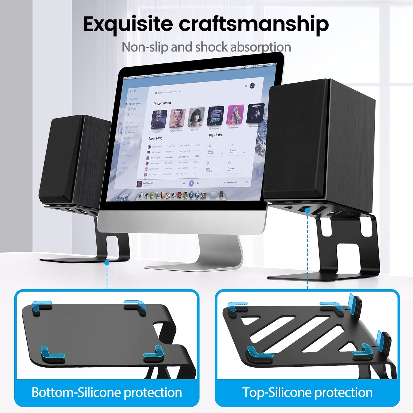 VAYDEER Desktop Speaker Stands with Vibration Absorption Pads, Metal Speaker Stands Pair Support Up to 40lbs,Bookshelf Speaker Stands for Better Audio Experience (7.09 x 5.51 x 5.12 inch)