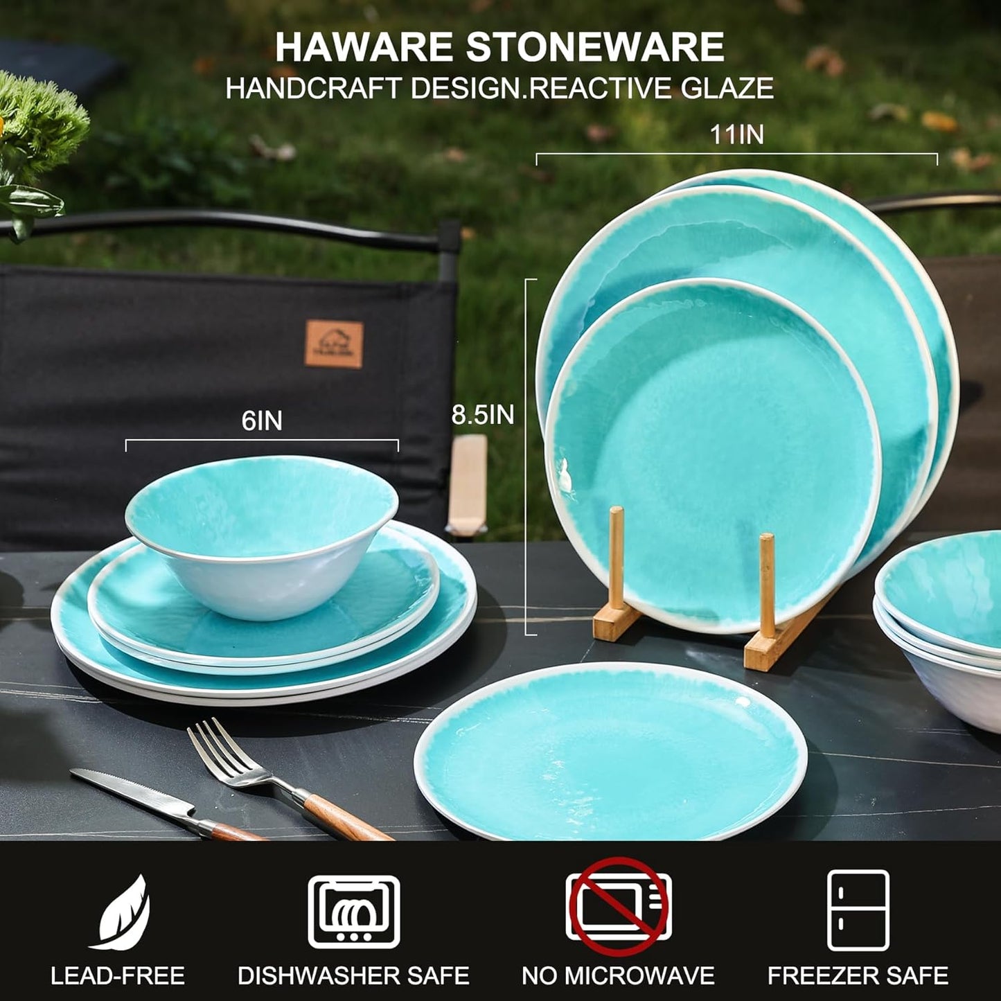 Melamine Dinnerware Sets 12 Pcs, Melamine Plates and Bowls,Party Plates and Bowls Sets, Camping Dishes Set for 4, Unbreakable, BPA Free, Dishwasher Safe （Lake Green）