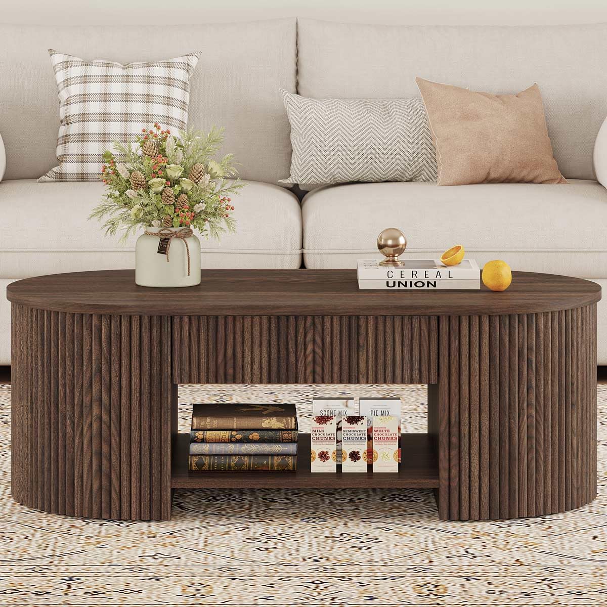 FATORRI Coffee Table with Storage, Mid Century Modern Wood Fluted Center Table with Shelf, Oval Coffee Tables with Drawer (Dark Walnut, 43.31 Inch)