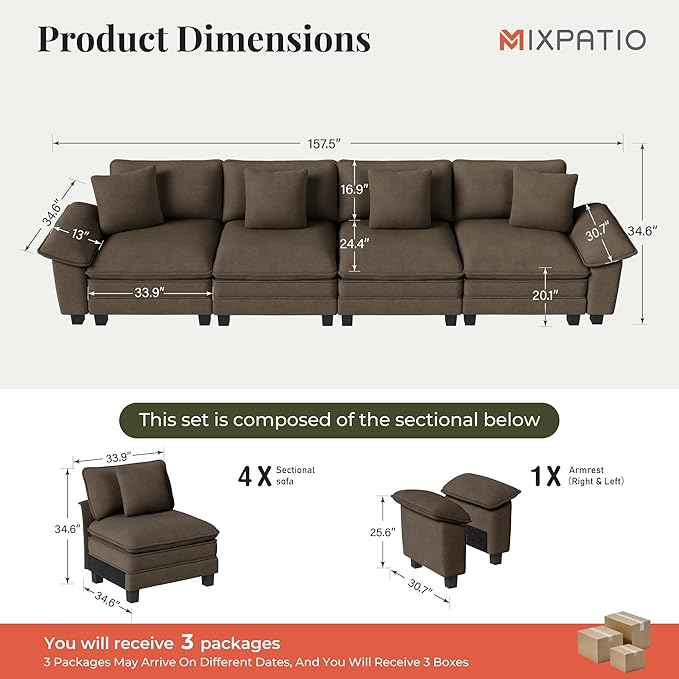 MIXPATIO 157.5" Cloud Modular Sectional Sofa, 4-Seater w/Deep Seat & Removable Arms, Plush Chenille for Living Room - Taupe