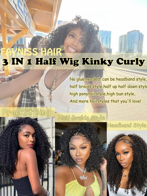 Fayniss Kinky Curly Half Wig Human Hair 3 In 1 Seamless Flip Over Half Wigs Human Hair Glueless Wear and Go 220 Density Beginner Friendly Drawstring Headband Wig for Women (KC Half Wig, 16 Inch)