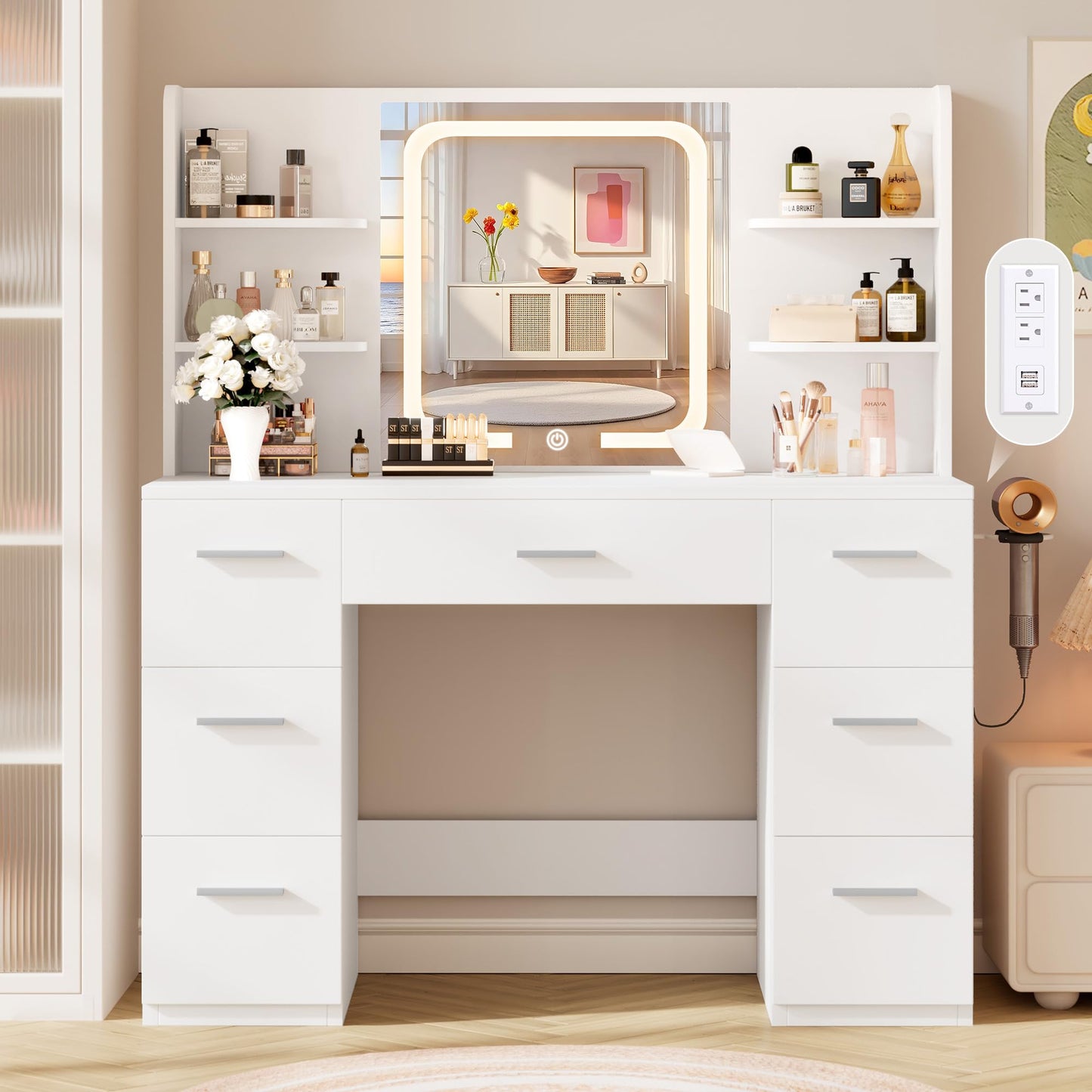 LIVELYGLOW 43" Large Makeup Vanity Desk with Smart LED Mirror and Charging Station, Professional Bedroom Dressing Table with 7 Drawers, 4 Storage Shelves & Hairdryer Holder, White