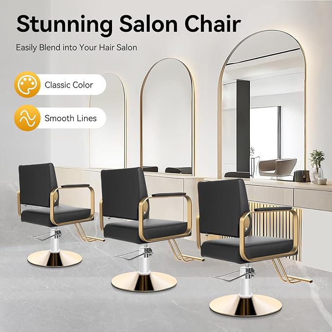 Stylist Salon Chair 360° Rotatable Barber Chair Hydraulic Pump Styling Vanity Chair Spa Beauty Equipment for Hair Stylists, Tattoo Artists, Max Load 440 LBS (Black and Golden)