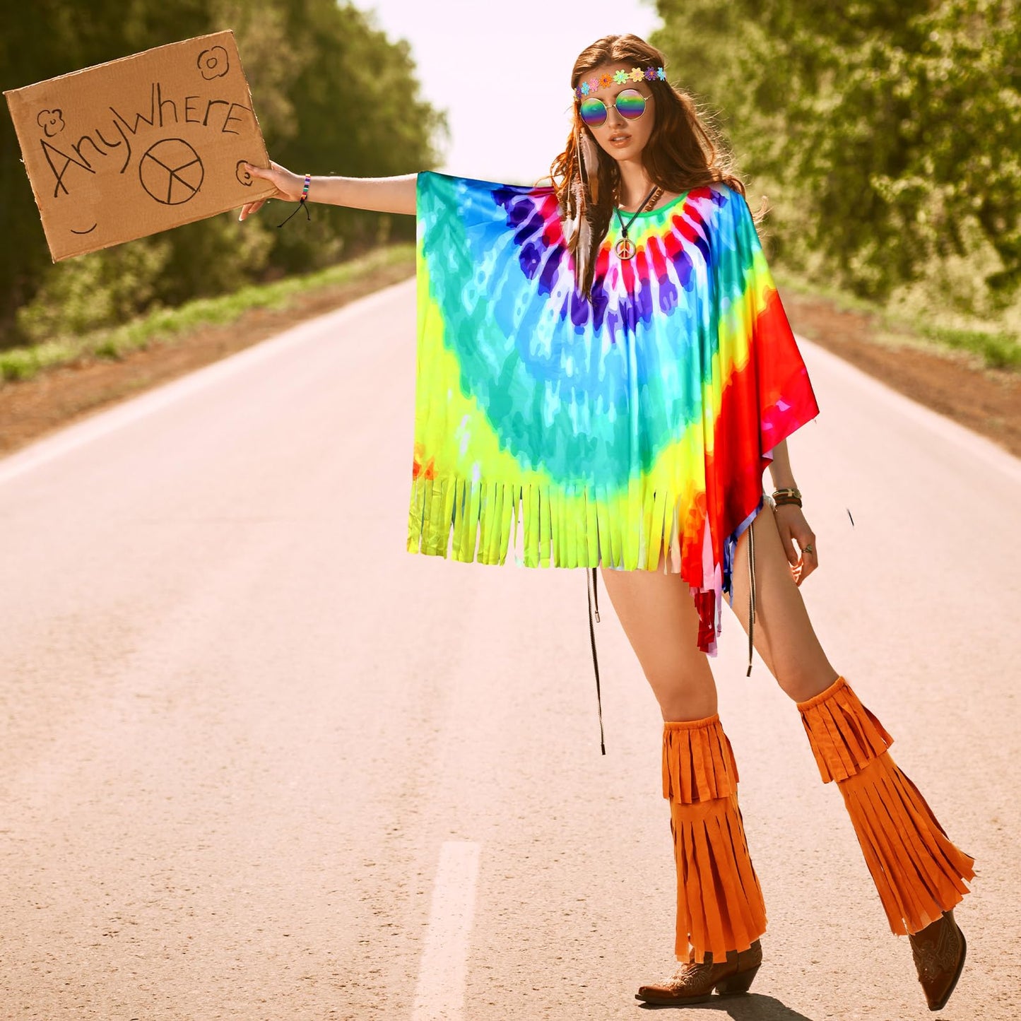 Hicarer 7 Pcs 60s 70s Hippie Costume Accessories Set Women Tie Dye Poncho Tassel Fringe Boot Covers Headband Bracelet Sunglasses Peace Sign Earring Necklace Outfits for Halloween (Hicarer-CKJO013)