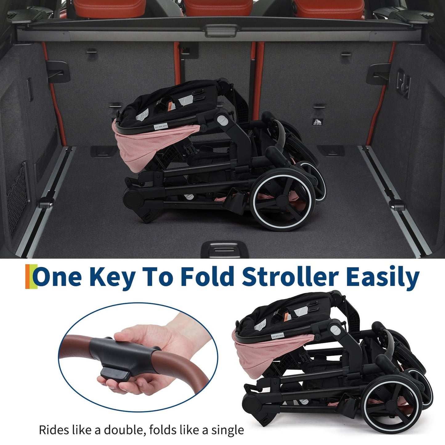 Tandem Double Stroller for Twins, Foldable Baby Stroller for Newborns 0-6 Months, Reversible Adjustable Seats, Shock-Absorbing Swivel Wheels & One-Step Brake, Storage Basket & Sun Canopy, Pink