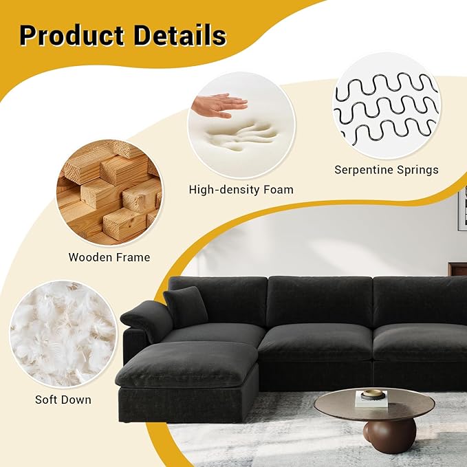 Cloud Modular Couch for Living Room,L Shape Linen Blend Sofas,Modern Deep Seat Cloud Sofas,Convertible Comfort Down Filled Sectional Couches,Removable Washable Cushion Covers,Black
