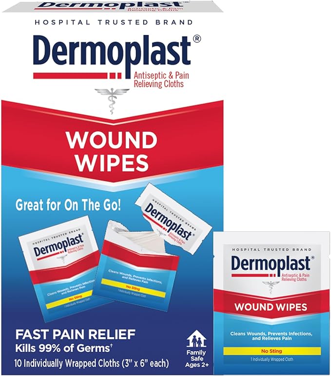 Dermoplast Wound Wipes, Medicated Antiseptic Wipes, First Aid Cloths, Analgesic for Minor Cuts, Scrapes and Burns on The G...