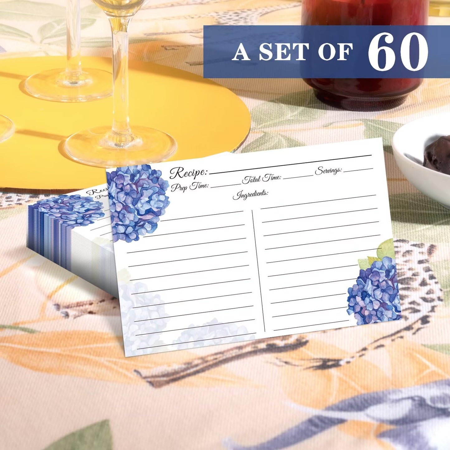 Recipe Cards 4x6, Premium Double-Sided Recipe Cards, 60 PCS Blank Recipe Cards for Wedding, Bridal Shower, Housewarming(4x6, Blue Hydrangea)
