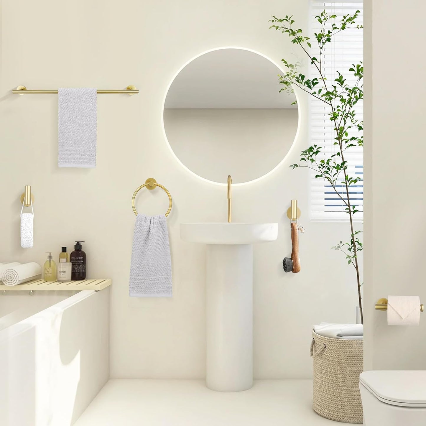 TURS Brushed Gold 5 Piece Bathroom Hardware Set, SUS304 Stainless Steel 24 Inch Bath Towel Bar Set, Round Bathroom Accessories Kit Wall Mounted