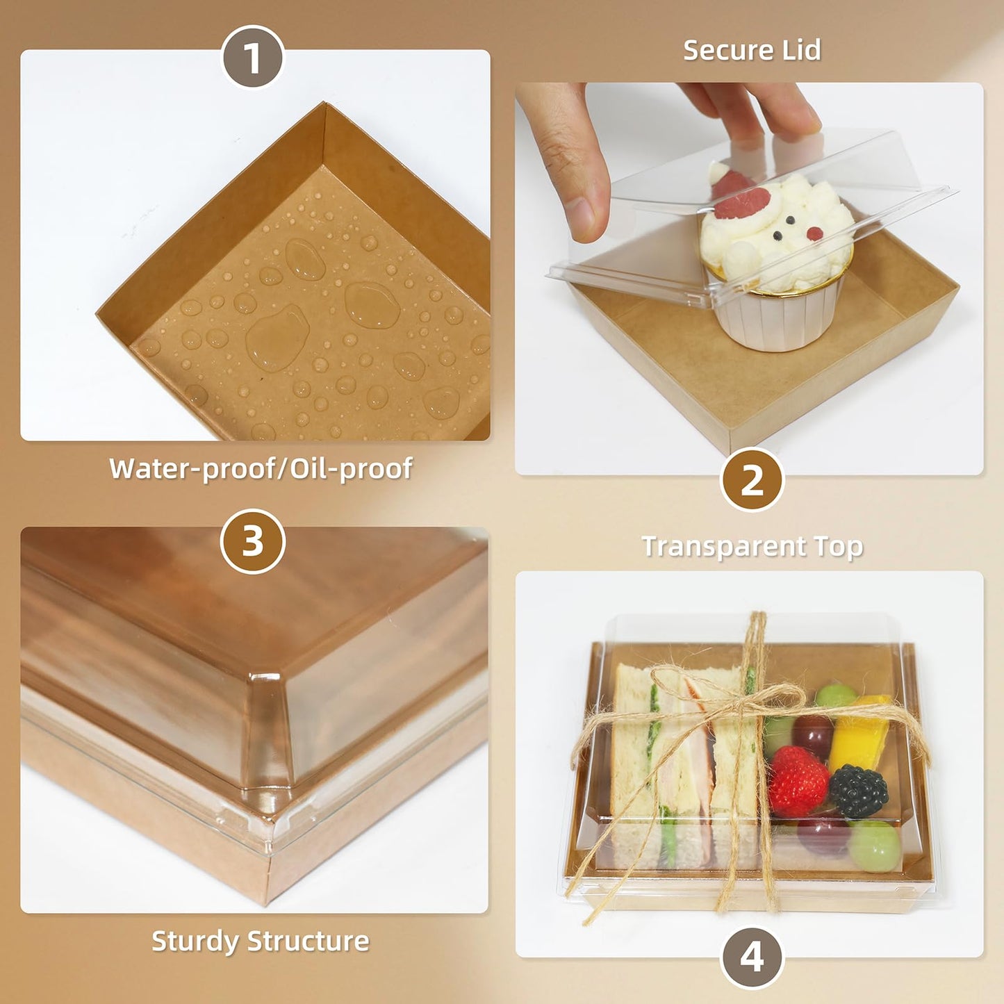WIKDAY 50 Pack Charcuterie Boxes with Clear Lids, Small Dessert Bakery Boxes, Disposable To Go Food Containers for Cake Slice, Cookies, Sandwich, Brown