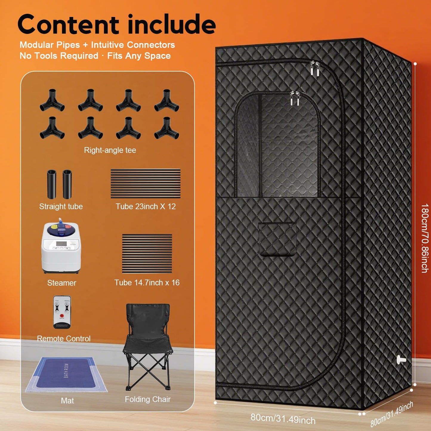 MIXC Portable Steam Sauna Box, Portable Sauna for Home, Person Sauna Tent Sauna Box at Home Spa with 2.6L & 1500W, Remote Control, Folding Chair (Single-Person Version-Black)