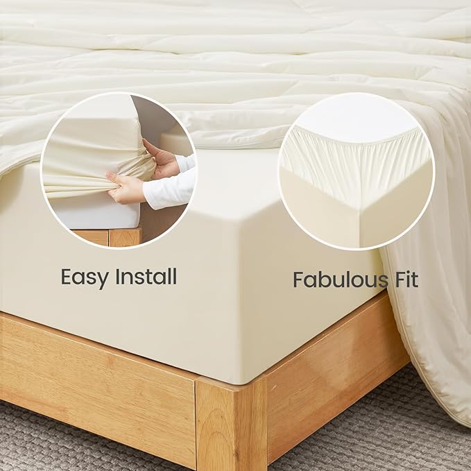 Cozy Bliss Premium Cooling Sheet Set Cali King Size, Q-Max>0.4, 3PCS No Flat Sheet with 2 Pillowcases, Breathable Fitted Sheet for Hot Sleepers & Night Sweats, Deep Pocket Up to 18 Inches, Cream White