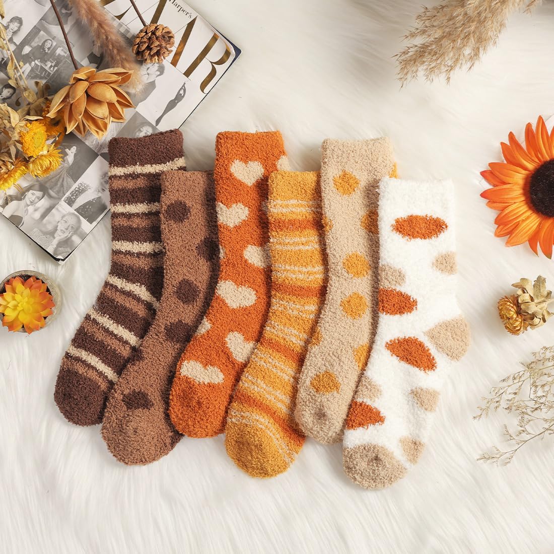 Toes Home Fuzzy Socks for Women Soft Fluffy Winter Cozy Slipper Socks Plush Sleep Fall Socks for Ladies 6 Pairs