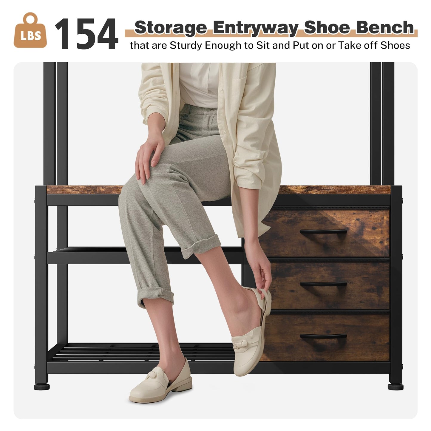 Raybee Hall Tree with Bench and Shoe Storage, Coat Rack Freestanding with 3 Fabric Drawers, Entryway Bench with Shoe Storage, Hall Tree with 12 Hooks for Hallway