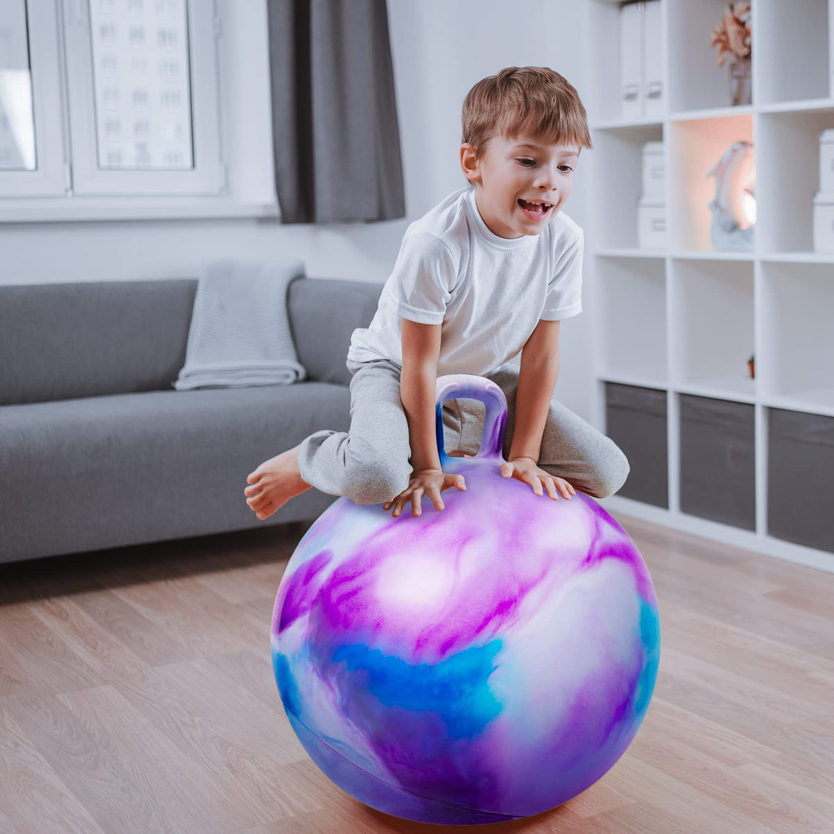 ZOOJOY Hopper Ball, Hopping Toys for Kids, 18inch Bouncy Ball with Handle for Boys Girls Aged 3-8, Inflatable Clouds Bounce Hopper Toy with Pump