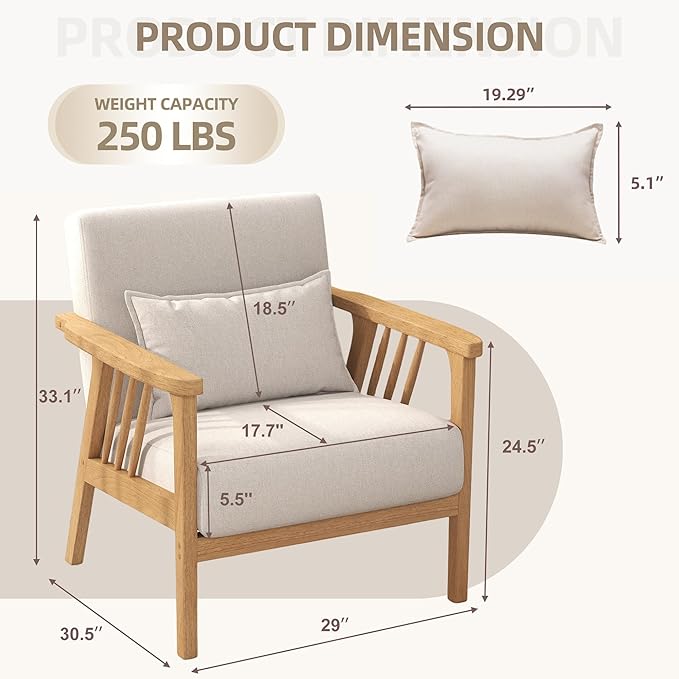 SEYNAR Mid-Century Accent Chair, Linen Fabric Armchair and Lounge Chair with Lumbar Pillow, Wide Seat & Solid Wood Frame for Living Room, Bedroom or Balcony(Beige)