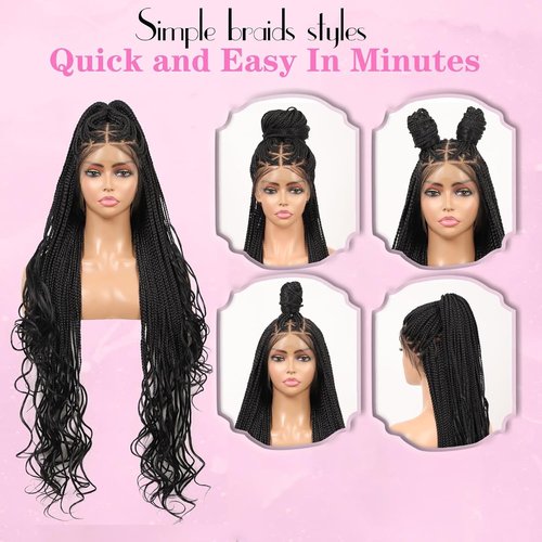 Kalyss 360° HD Full Lace Braided Wigs for Black Women Knotless Braided Wigs with Baby Hair Box Braid Wig Premium Synthetic Lace Front Black Box Braid Wig with Curly Ends 36"