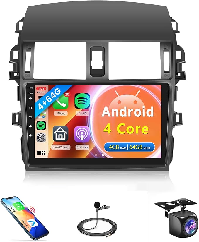 4Core 4G+64G Car Radio for Toyota Corolla 2009-2013 Android Car Stereo Wireless Carplay, Rimoody 9'' HD Touchscreen Mirror...