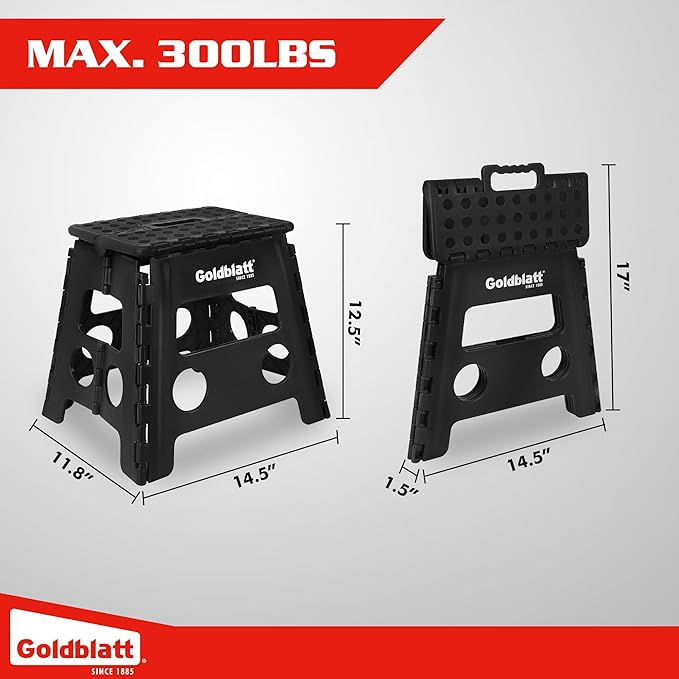 Goldblatt 12.5" Folding Step Stool for Adults and Kids, Heavy-Duty Plastic Portable Foldable Stool with Non-Slip Top and Anti-Skid Feet, 300 lbs Capacity, Kitchen & Bathroom, Black