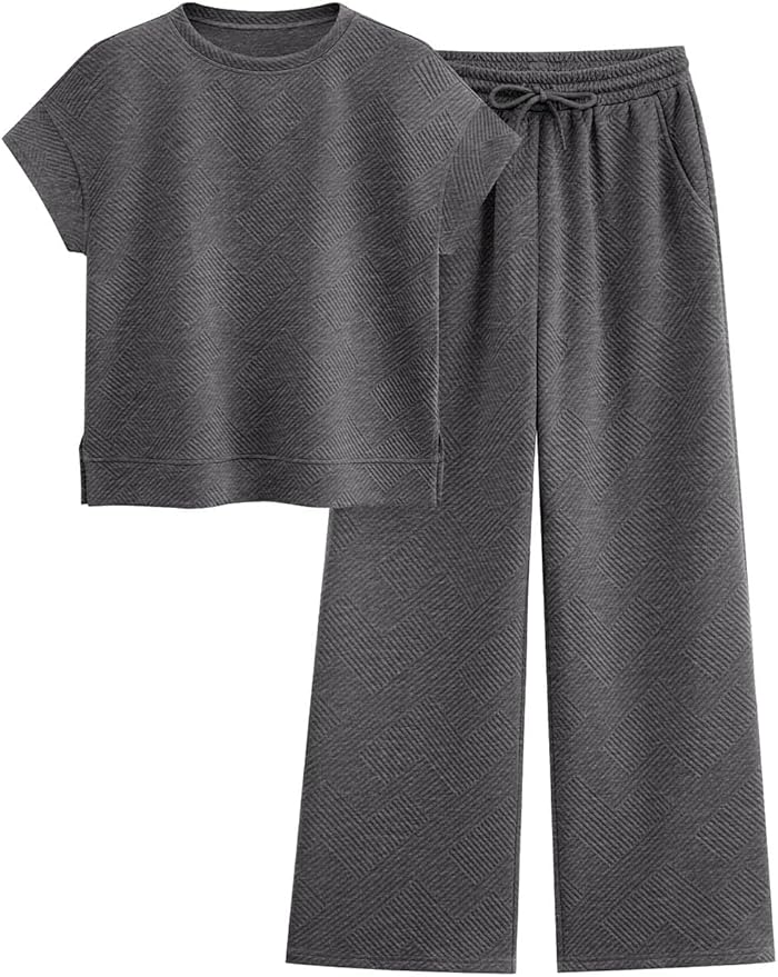 PRETTYGARDEN 2 Piece Outfits For Women Casual Tracksuit Short Sleeve Tops And Wide Leg Long Pants Matching Lounge Sets