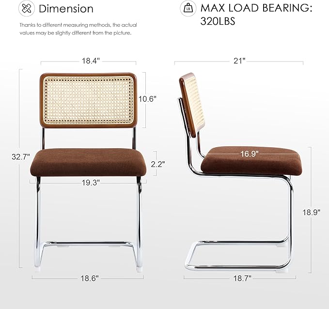 Zesthouse Rattan Dining Chairs Set of 6, Mid Century Modern Dining Room Chairs with Natural Cane Mesh & Chrome Base, Brown Cesca Chair Chenille Fabric, Farmhouse Kitchen Chair with Solid Wood Back