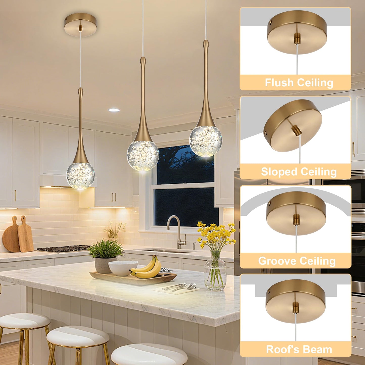 VINLUZ 3-Light Modern Crystal Chandelier, LED Bubble Raindrop Dimmable Pendant Lighting Fixture, Gold Luxury Elegant Adjustable Spiral Ceiling Light for Entryway Staircase Living Room