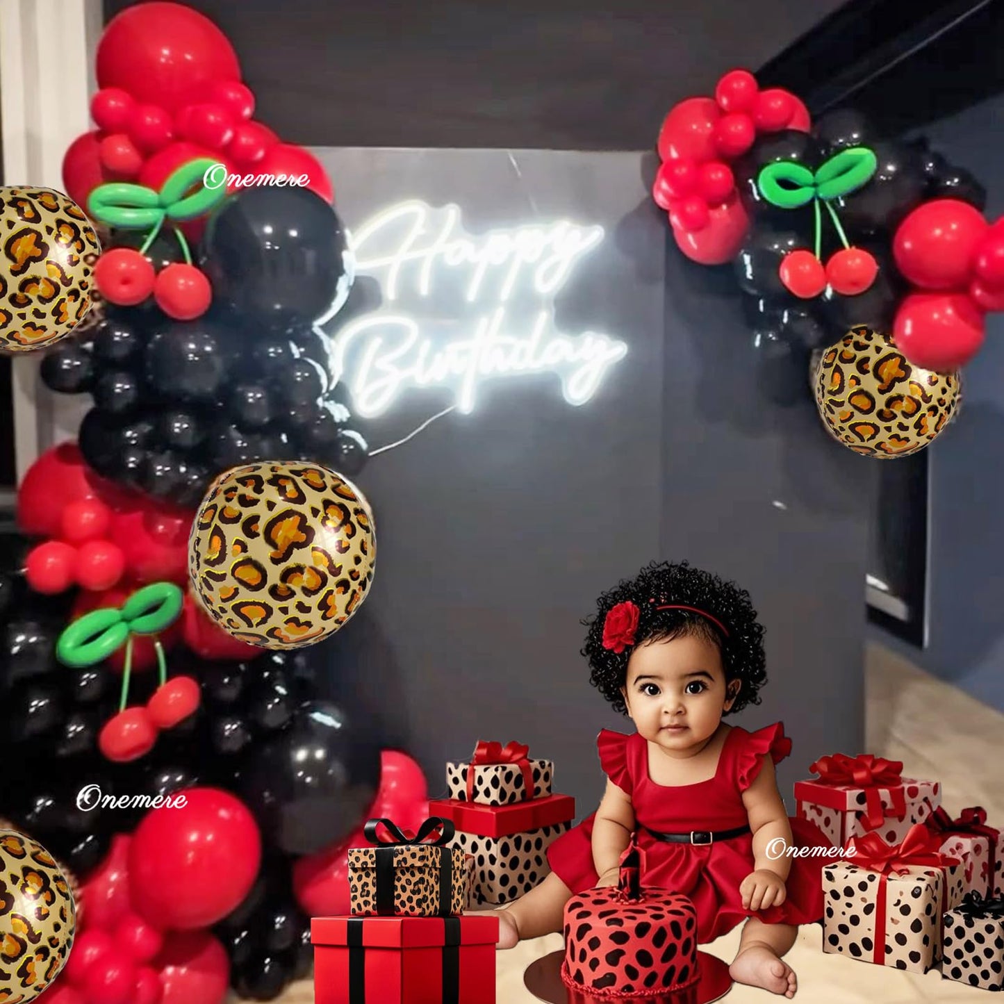 Onemere Red and Black Balloons Arch Kit 135pcs Cherry Birthday Decorations, 4pcs Foil Cheetah Print Balloons for Baby Shower, Bachelorette Party Decorations