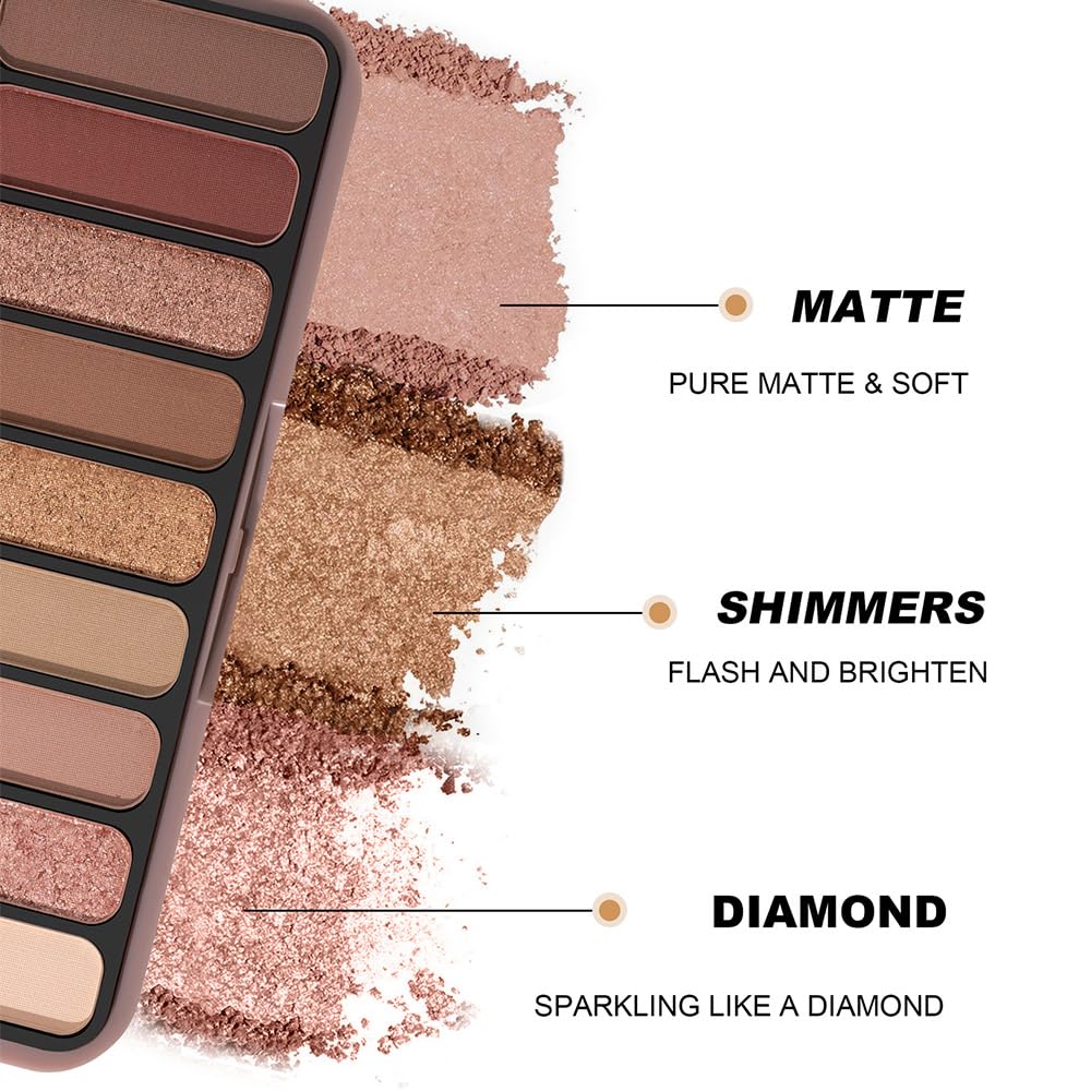 HHLTOH 9-Color Eyeshadow Makeup Palette, Blendable Shimmer & Matte, Caramel Cinnamon Rose Golden Brown Eye Shadow Palette, Long-