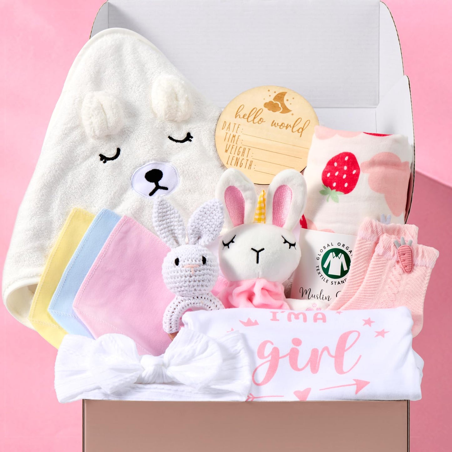Encausto Baby Girl Gifts Basket, Newborn Girl Essentials for Baby Shower, Hooded Bath Towel, Muslin Swaddle Blanket, Girl Bodysuit, Bunny Rattle, Lovey, Baby Bibs, New Mom Gifts Box for Women