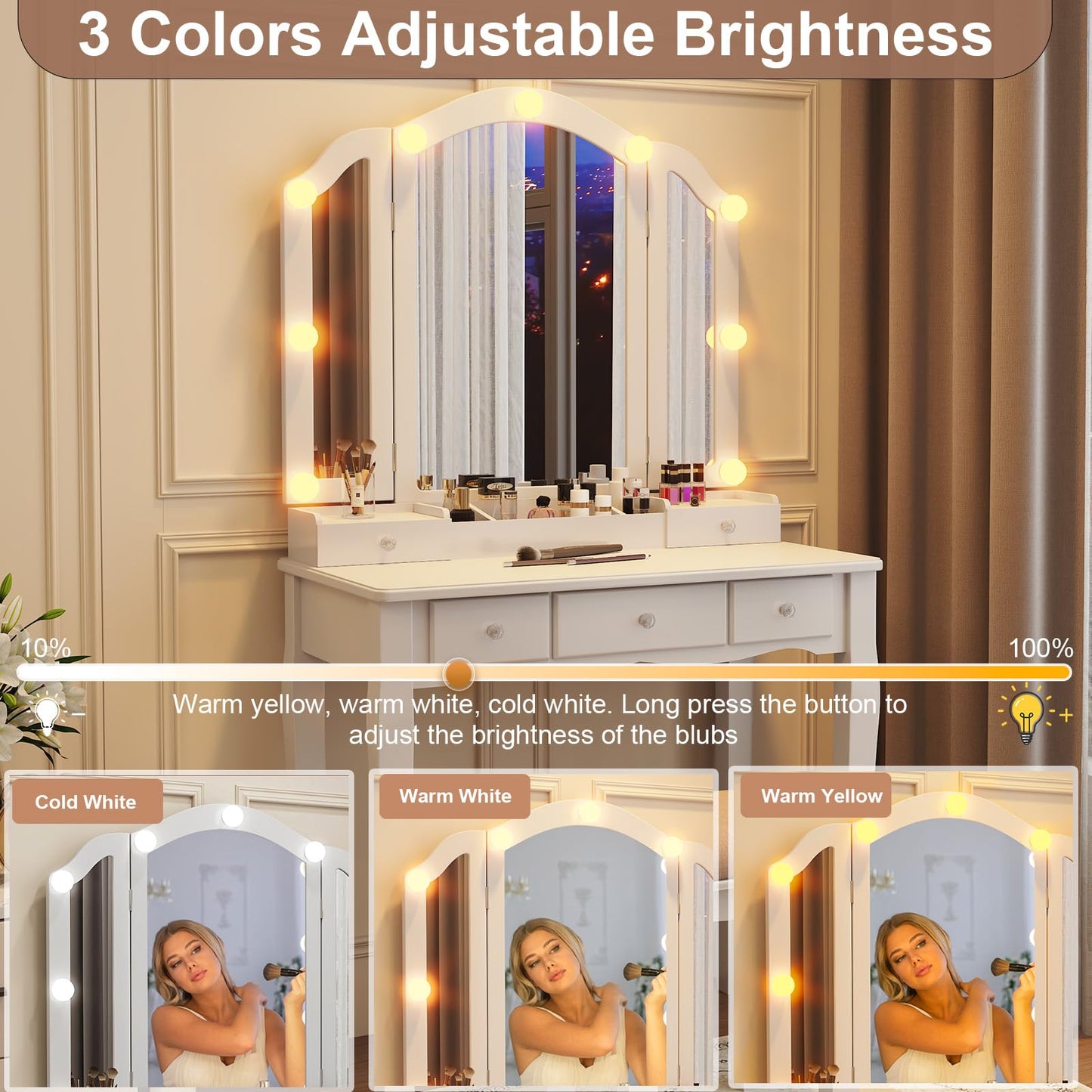 HIULOG Vanity Desk with Mirror and Lights, Vanity with Stool,5 Drawers and Cabinets White Vanity Mirror with LED Lights Vanity Desk and Chair for Bedroom