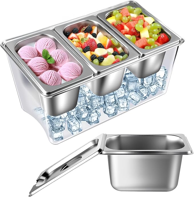 3 Compartments Ice Chilled Condiment Caddy, 30.5 oz Salad Bar Containers Stainless Steel Serving Dish with Lids for Bar, H...