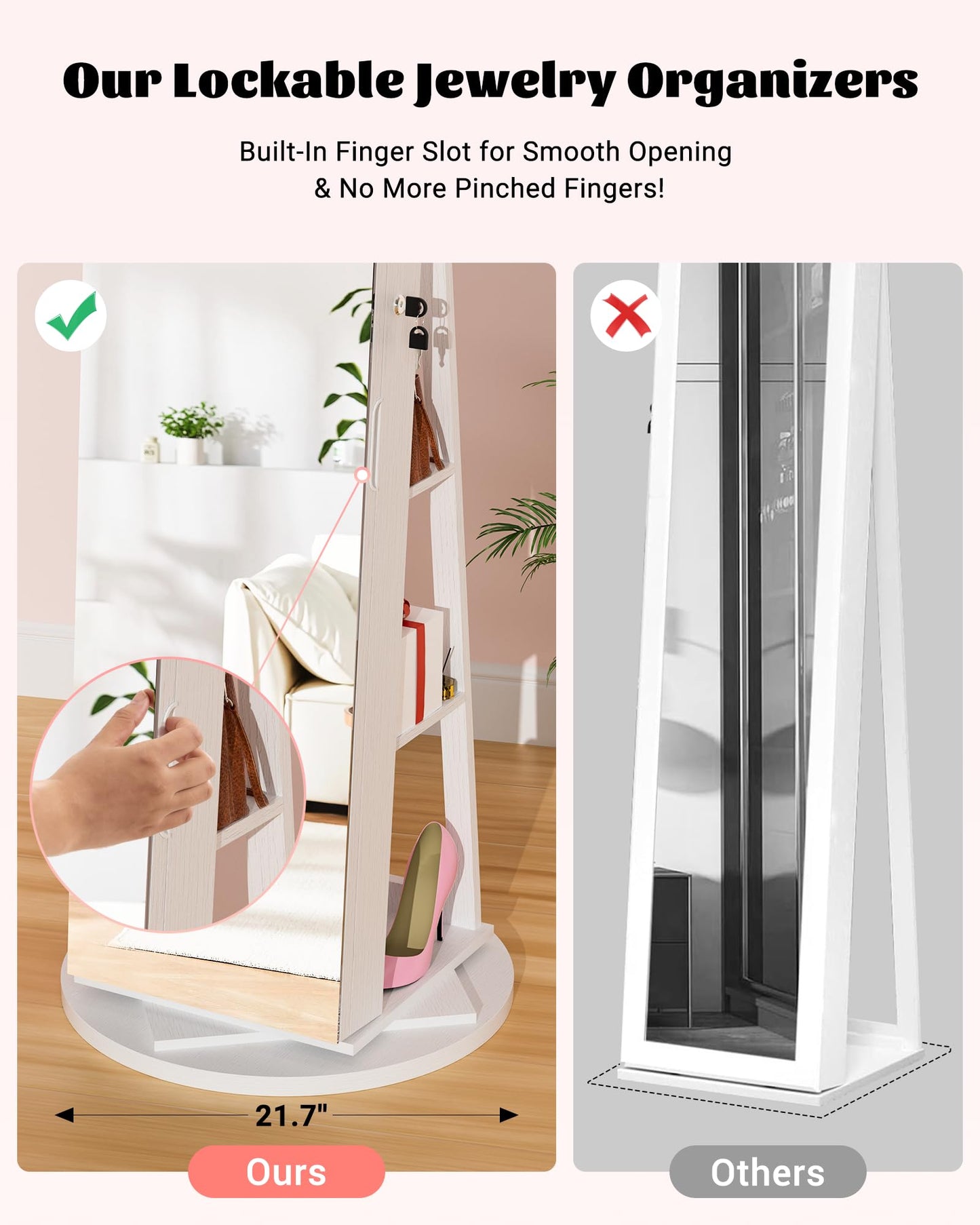 FAVSH 6 LEDs Jewelry Armoire with Frameless Full-Length Mirror, 360° Swivel Jewelry Cabinet Standing with 3 Back Shelves, Jewelry Organizer with Storage Lockable for Women Gift, White