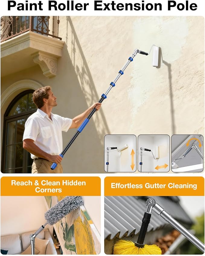 Telescoping Pole, with Joint Angle & Squeegee Adaptor, Aluminum Telescopic Paint Roller Extension Pole & Extendable Pole, Anti-Slip Foam Grip, Multi-Purpose Gutter Window Dust Cleaning Pole (36 FT)