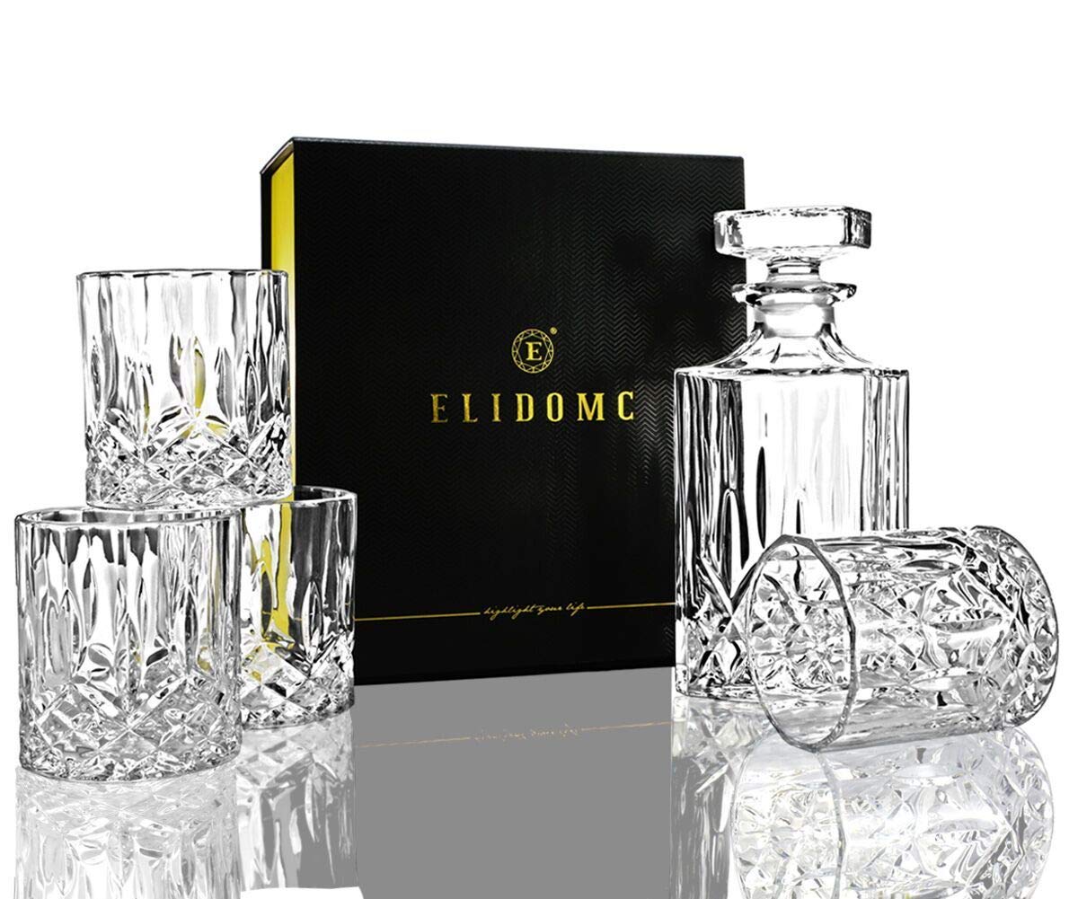ELIDOMC 5PC Italian Crafted Crystal Whiskey Decanter & Whiskey Glasses Set, Crystal Decanter Set With 4 Whiskey Glasses, Whiskey Decanter Sets for Men.