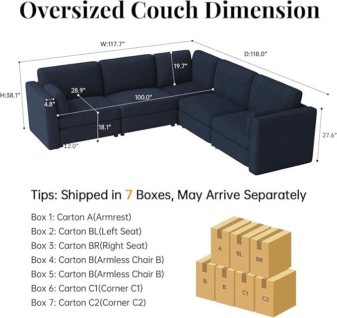 CUGOAO 117.7'' Modular Sectional Sofa, Oversized L-Shaped Sectional Couch, Deep Seat Chenille Cloud Couch, Removable Cover, Mordern Upholstered Couches for Living Room, Apartment, Office, Blue