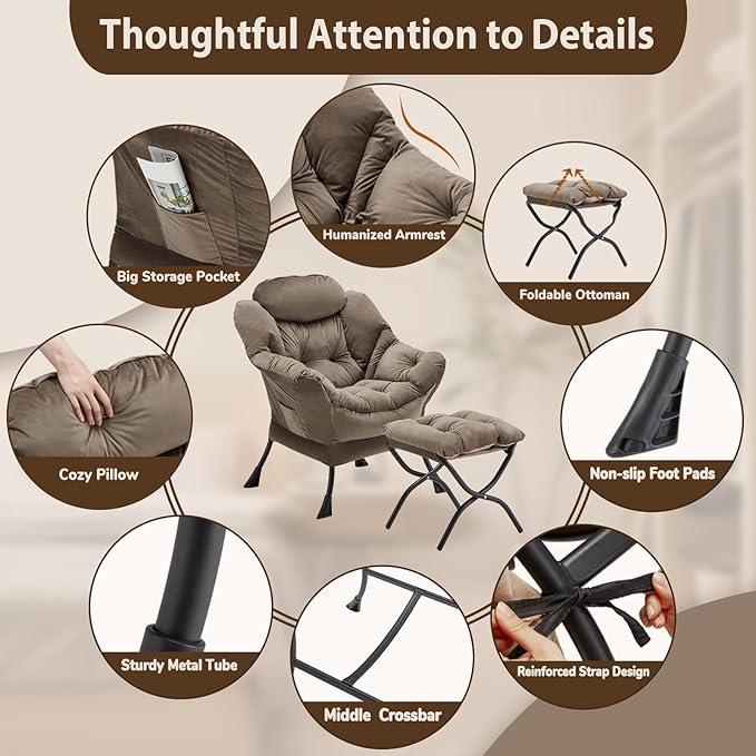Youtanic Lazy Chair with Folding Ottoman, Accent Chair Velvet Upholstered with Metal Structure and Non-Slip Pads, Sofa Armchair with Footrest and Side Storage Bag for Dorm, Room, Office, Dark Gray