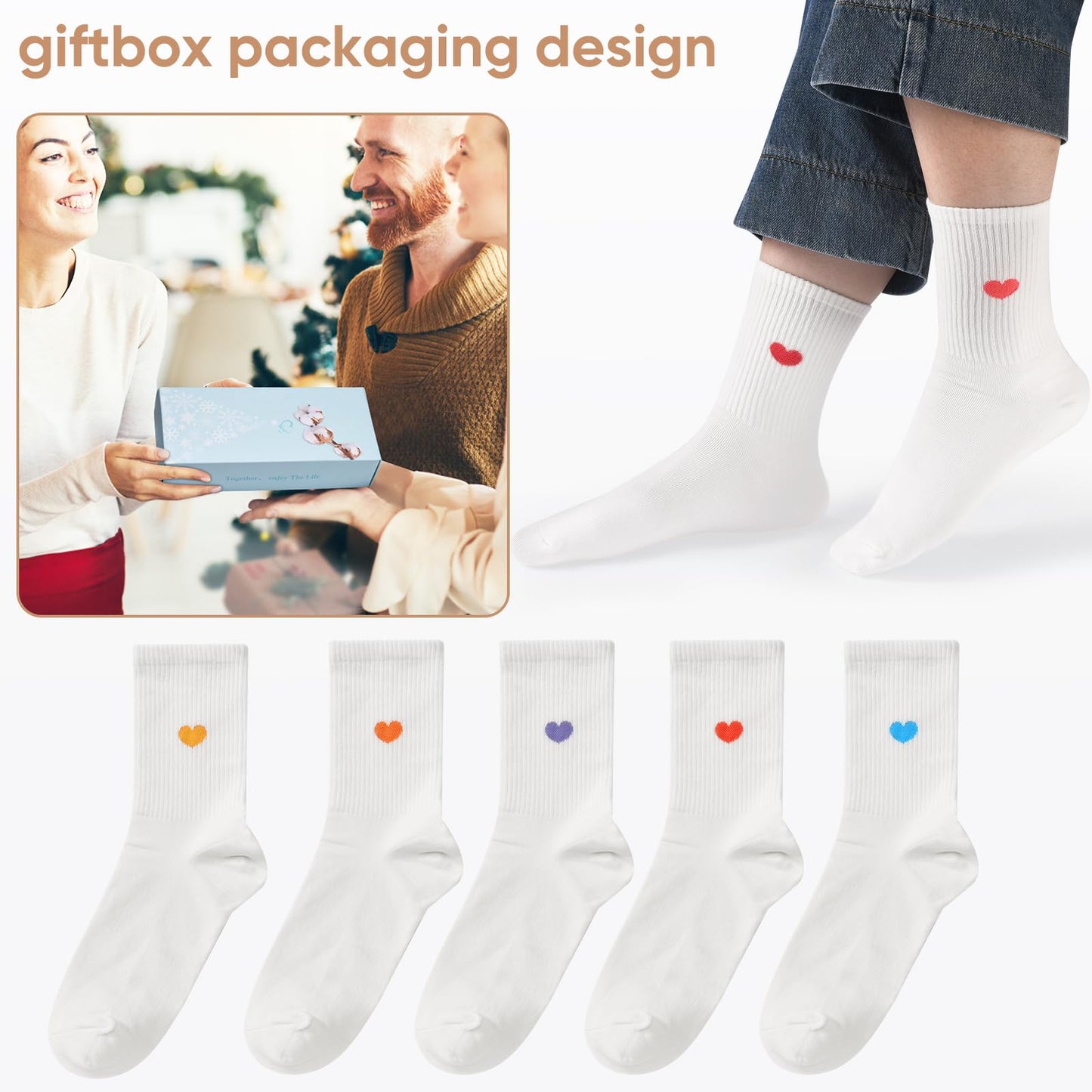 Corlap Women's Cute Cotton Crew Socks - Calf High Dress Socks, Novelty Fun Heart Design 5 Pairs (Gift Box)