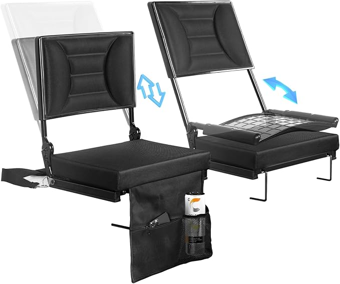 Extra Wide Stadium Seat with Back Support | Adjustable High Back & Thick Padded | Bleacher Chairs with back and Cushion, Includes Cup Holder, Shoulder Strap, Perfect for Concerts, Sports Events-BL