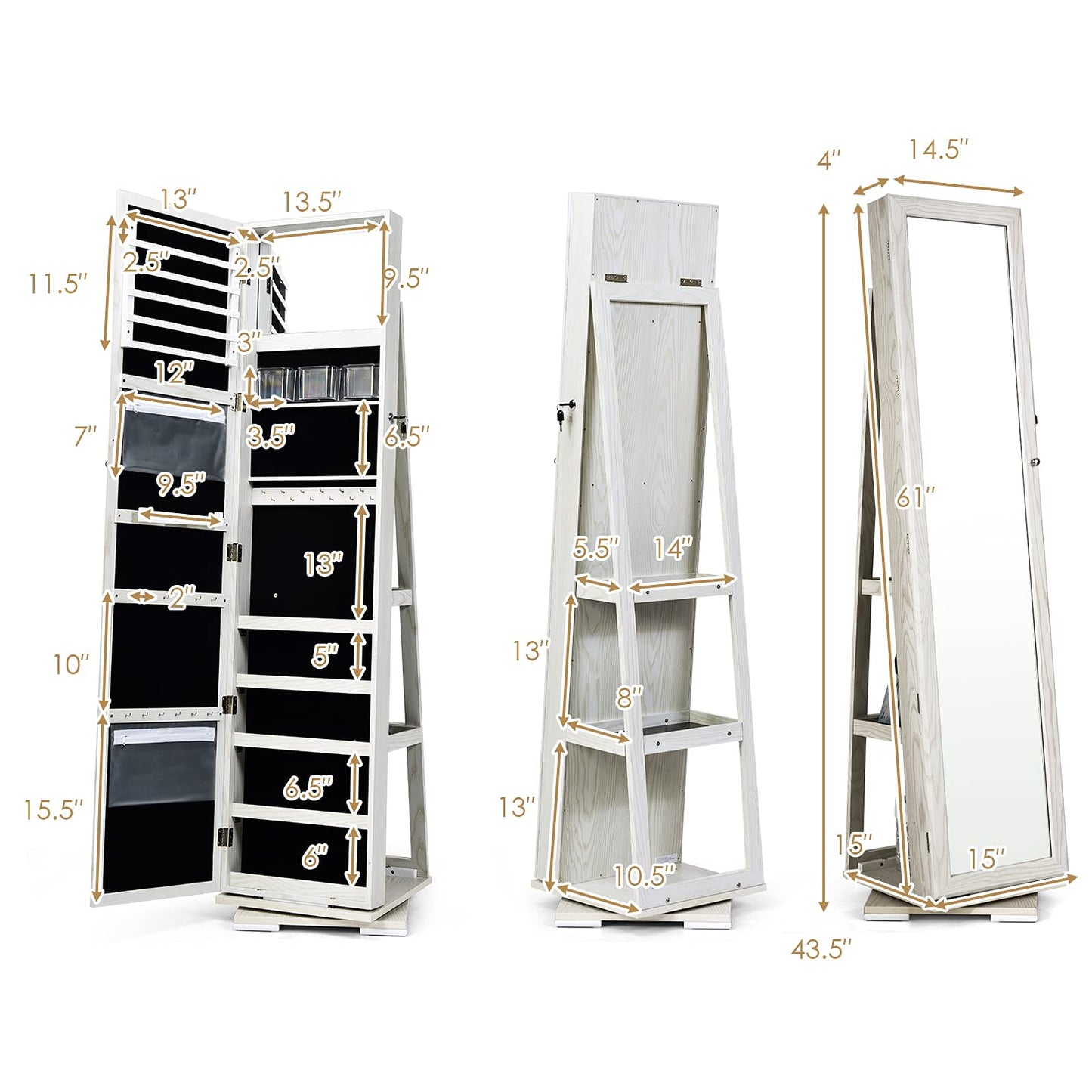 FANTASK 360°Rotating Jewelry Cabinet, Lockable Standing Jewelry Organizer w/Full Length Mirror, Inside Mirror & Rear Storage Shelves, Large Storage Capacity, Jewelry Armoire w/Mirror for Bedroom